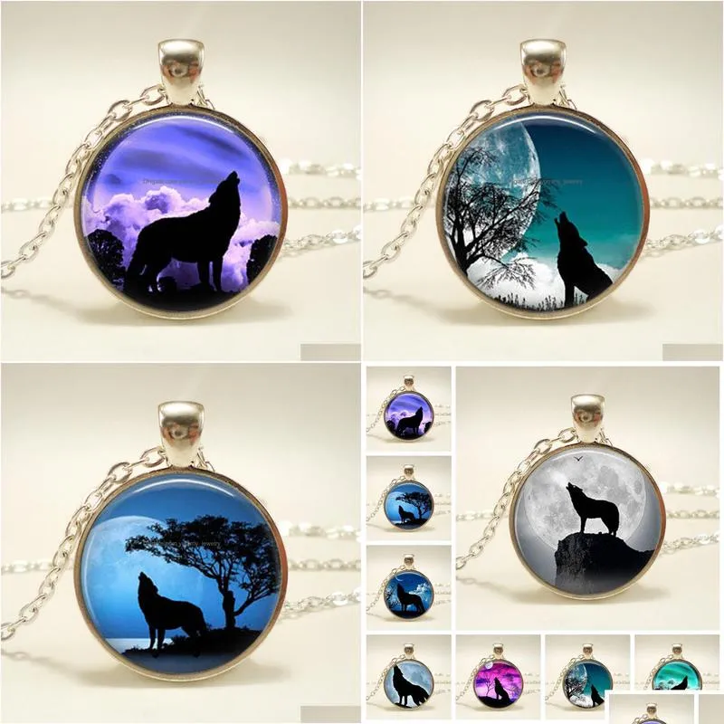 retro wolf pendant necklace howling wolf time gemstone glass cabochon massive necklace friendship gift