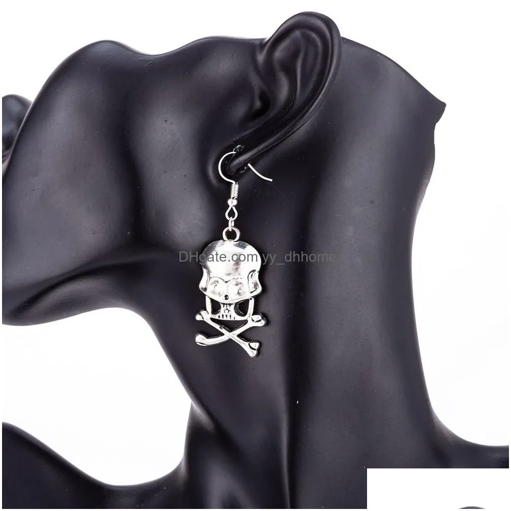 punk silver color insect spider skull charm earrings for women man vintage hollow skeleton ear gothic steampunk hallowmas jewelry gift