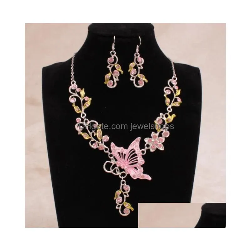 women jewelry sets butterfly flower rhinestone pendant statement necklace earrings set fashion bridal wedding dress jewelry for lady