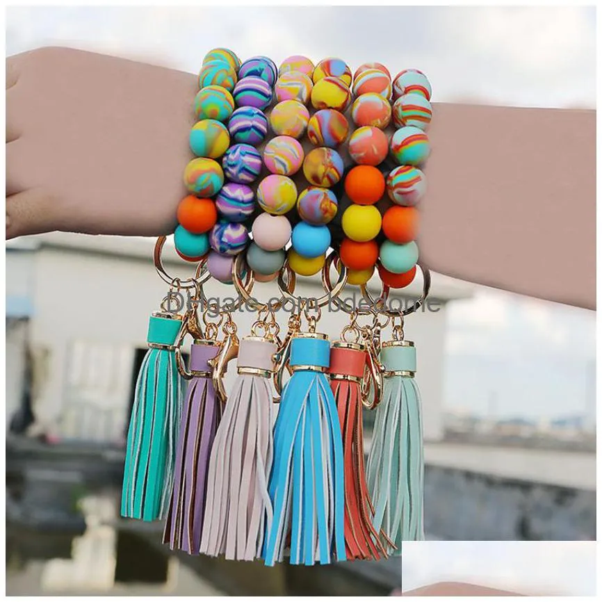 strand colorful silicone beads bracelets key ring beaded bracelet keychaintassel key chain women fashion jewelry