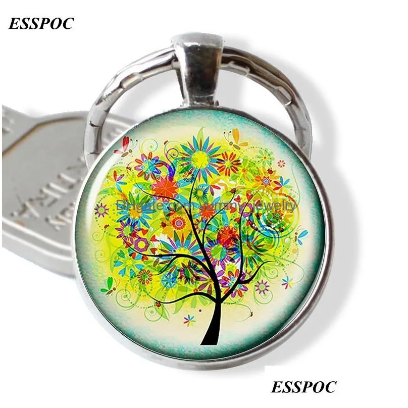 cartoon keychain birds and tree glass cabochon metal keyring tree of life jewelry fashion accessories for daughter birthday gift