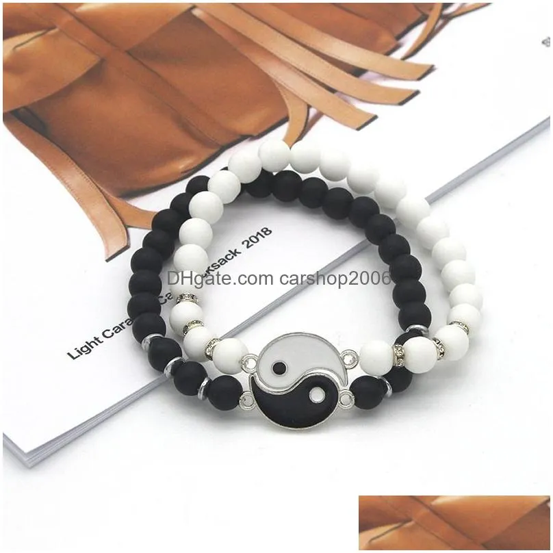 couples lovers beaded bracelets white and black beads strands women men taiji ying yang charm bracelet friendship jewelry male female