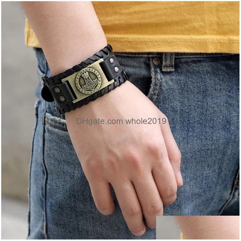 design fashion id bracelet men tree of life alloy handmade weave wide pu leather wristband adjustable bangle punk jewelry