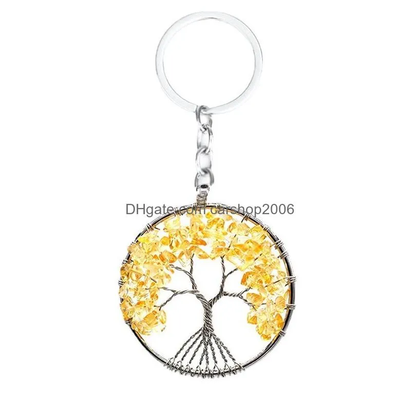 handmade natural crystal stone round tree of life pendant key rings holder for women girls car bags accessories