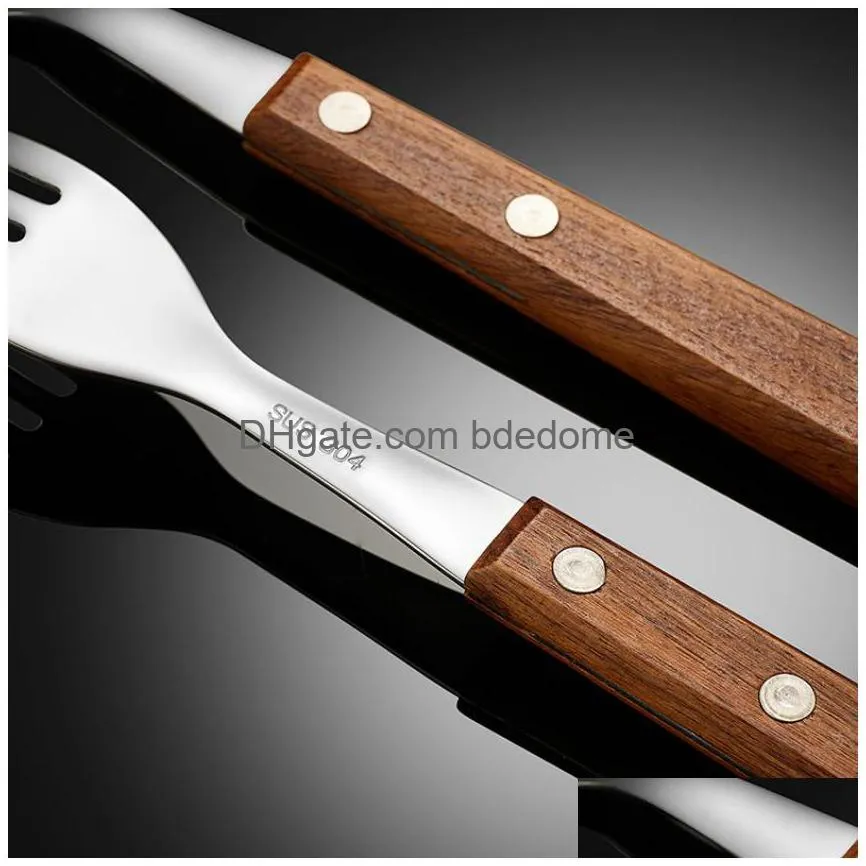 steak wood handle spoon fork knife cutlery set stainless steel home kitchen dining flatware ice cream dessert steak forks spoons tableware