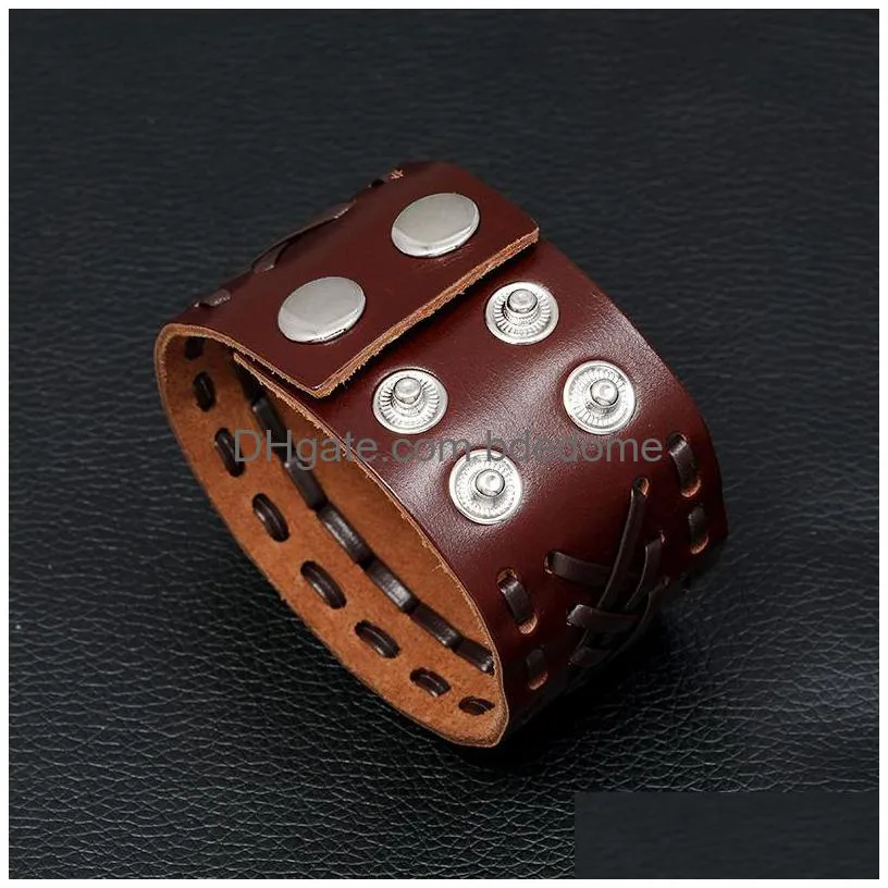 hollow wide lace bandage leather bangle cuff button adjustable bracelet wristand for men women fashion jewelry black
