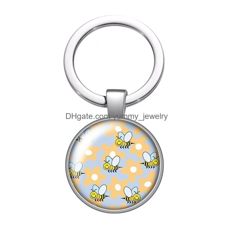 bee happy save the bees lovely bee glass cabochon keychain bag car key rings holder charms silver plated key chains women gifts