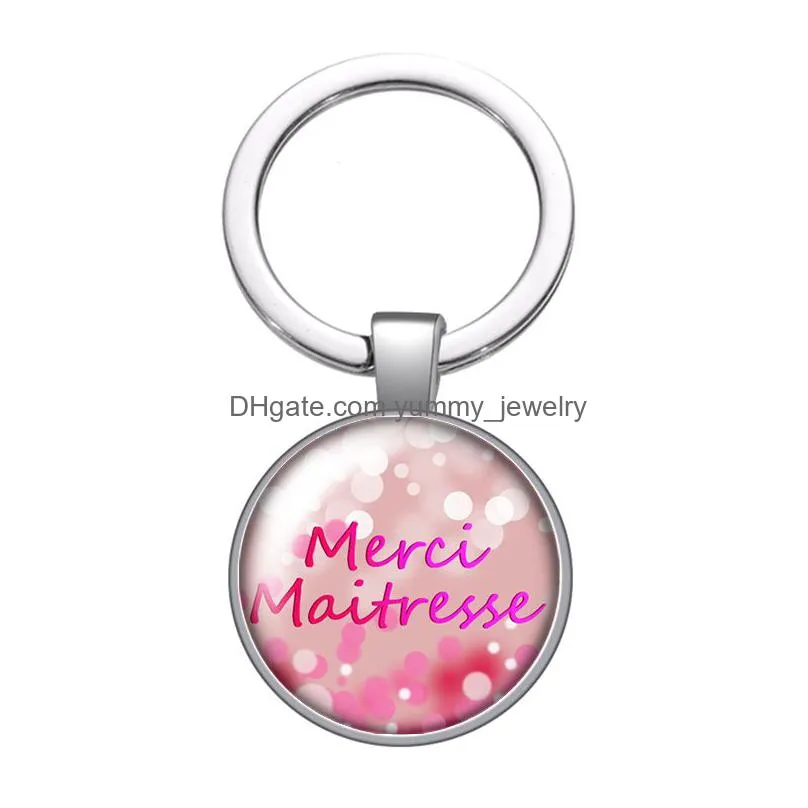 merci maitresse french glass cabochon keychain bag car key chain ring holder charms silver color keychain for men women gifts