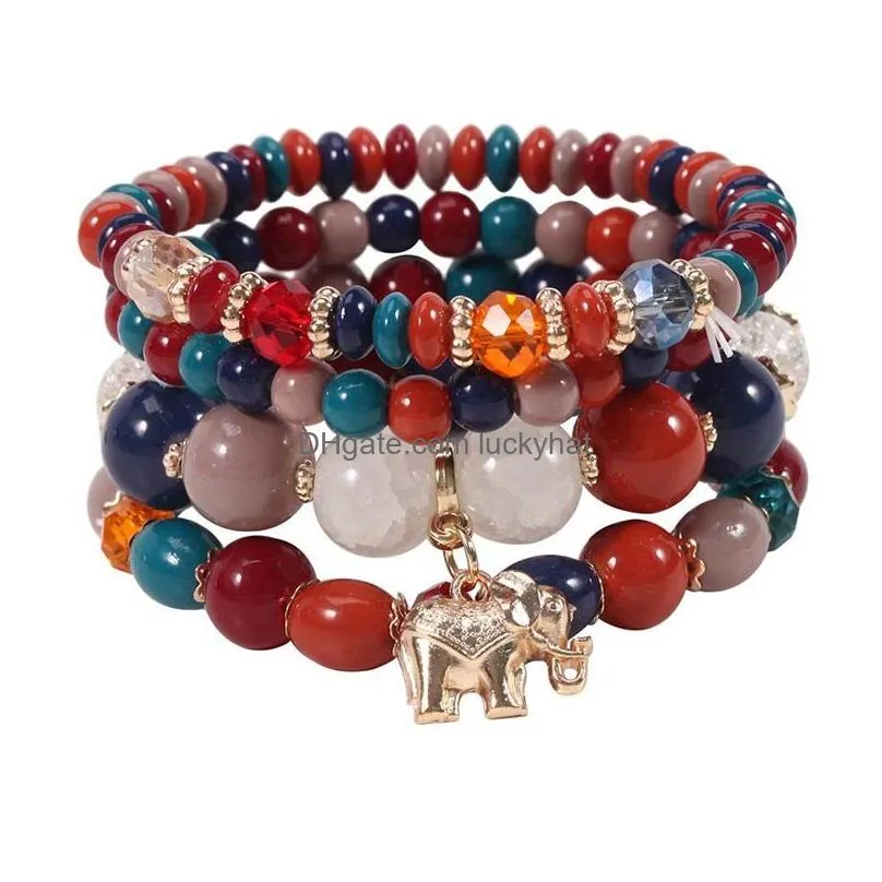 vintage elephant alloy pendant elastic multilayer beads strands bohemian bracelets women lava stone wristband bangles for party gift