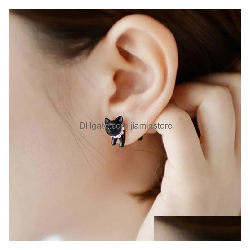 impalement black stereoscopic 3d cute cat stud handmade earrings for women lovely pearl piercing ear