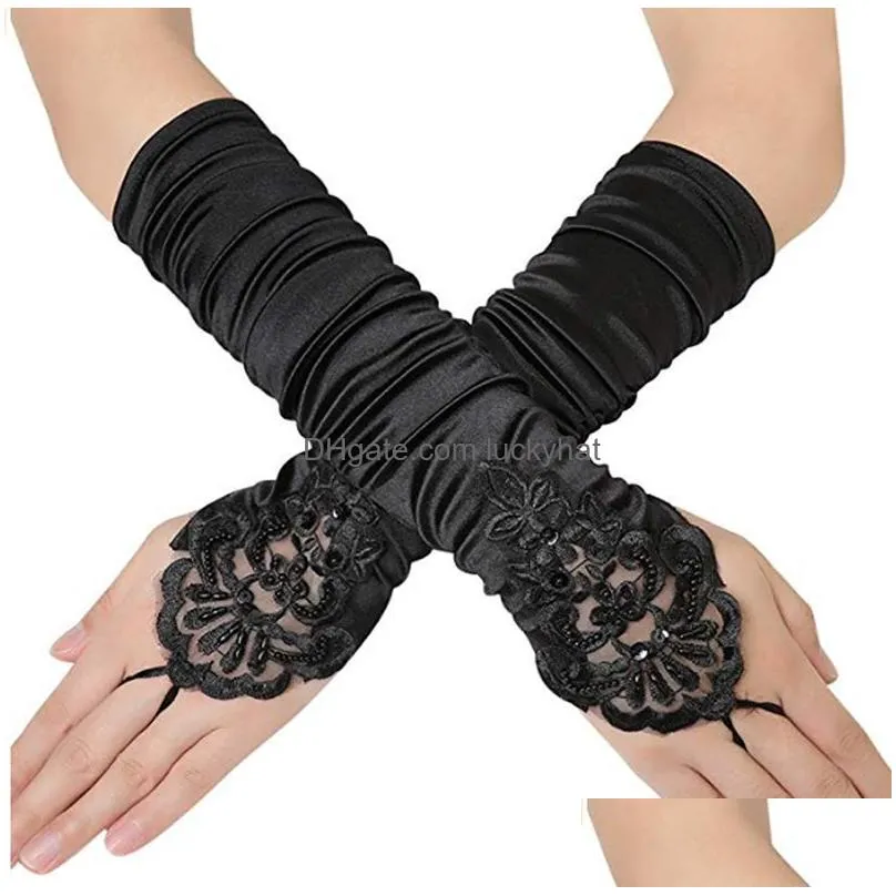 fashion black white red bride accessories gloves fingerless pearl satin rhinestone lace prom party mittens