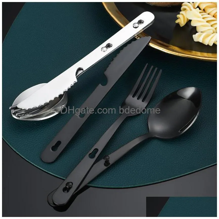 3pcs/set combination spoon fork knife cutlery set stainless steel multifunction lock catch outdoor sport camping flatware tableware hands