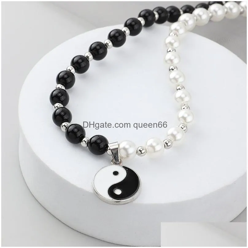 punk black white imitation pearl beads choker necklaces for men round tai chi gossip pendant necklace jewelry