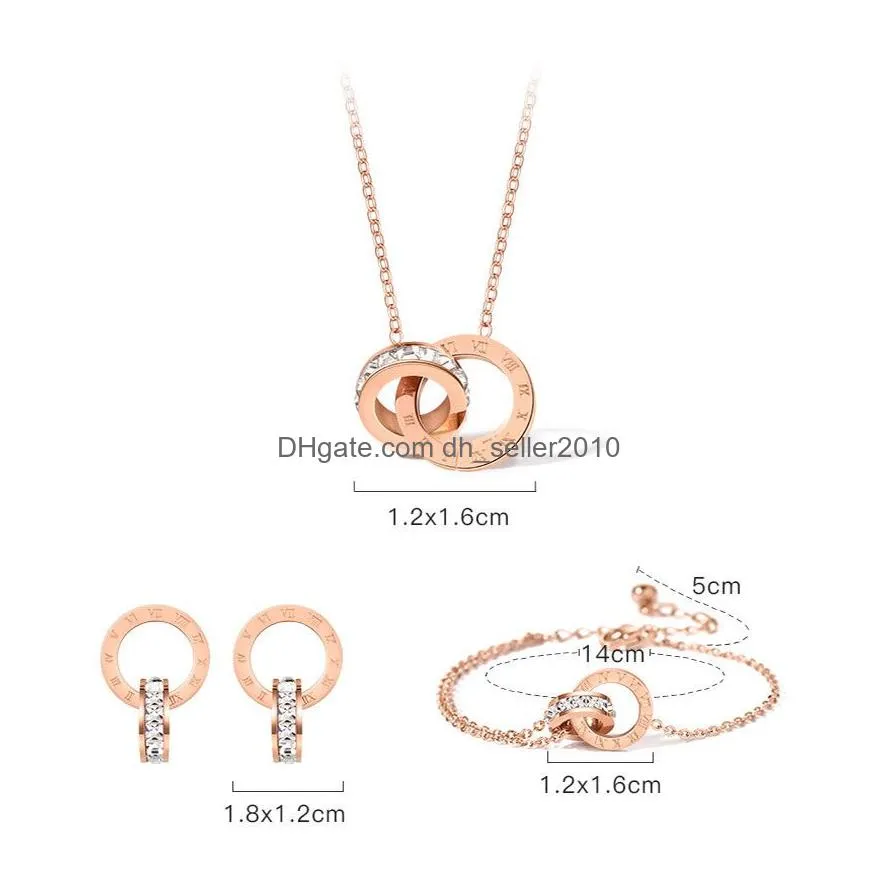 fashion street luxury roman numeral necklace earrings bracelet set for women stainless steel crystal stud wedding jewelry gift
