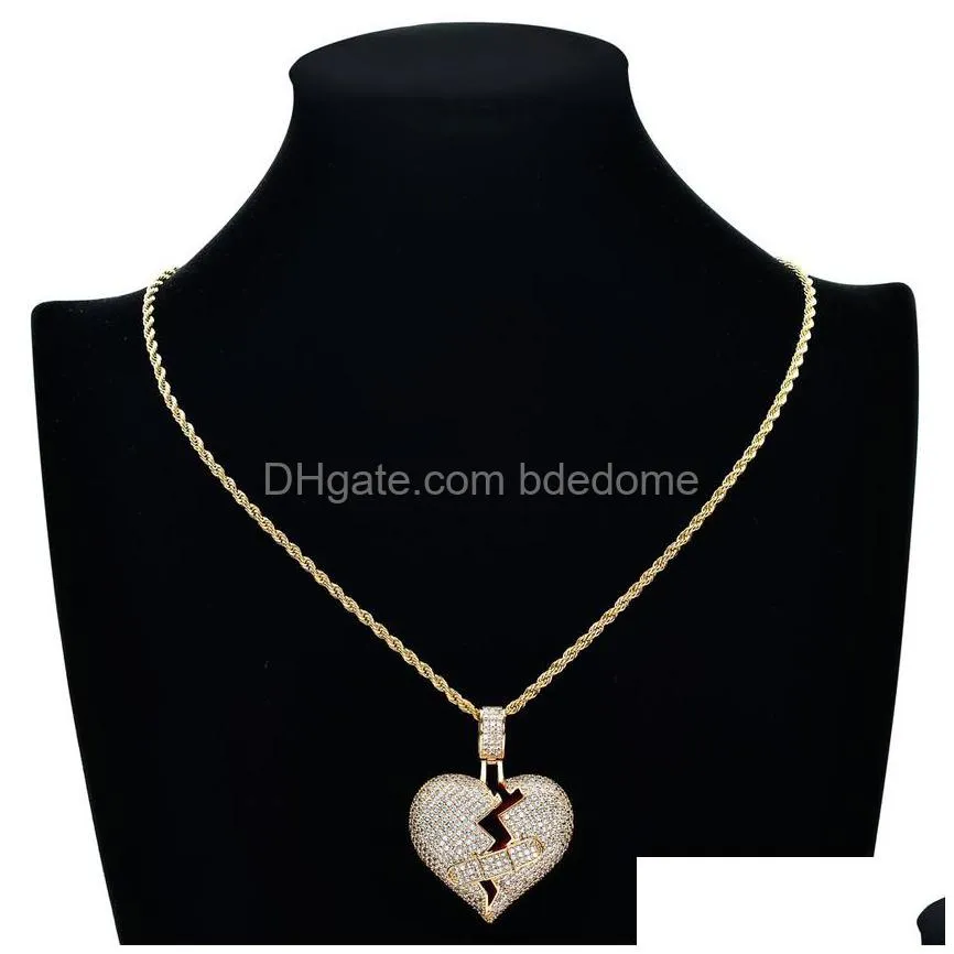 18k gold broken heart necklace hip hop copper cubic zircon jewelry set 60cm chains combination joint hearts pendant diamond iced out necklaces for women