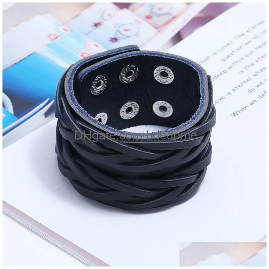 braid cross leather bangle cuff multilayer wrap button adjustable bracelet wristand for men women fashion jewelry black