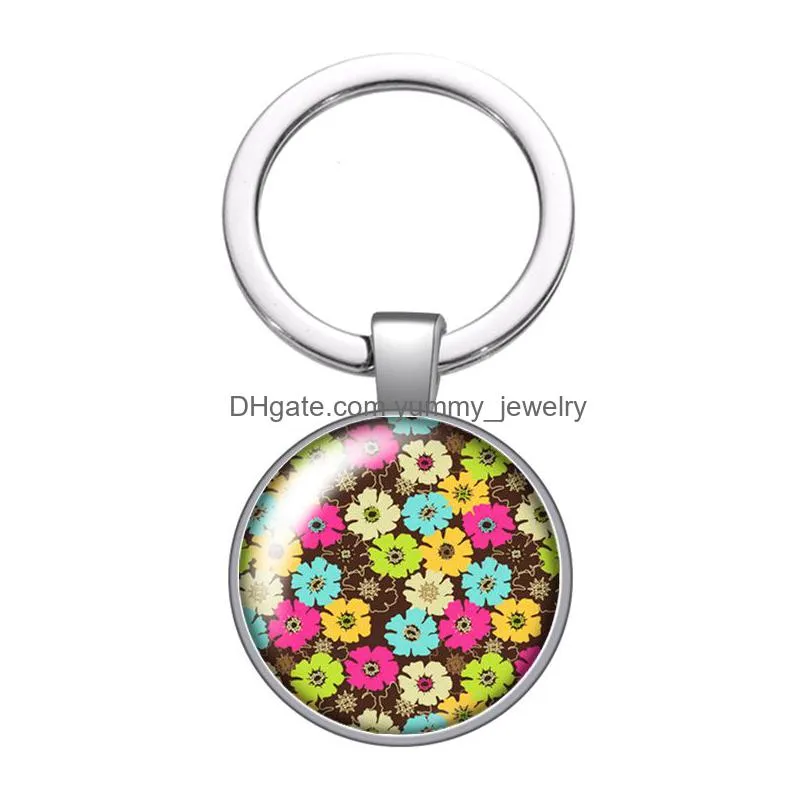painting flowers beauty glass cabochon keychain bag car key chain ring holder charms silver keychains for men women gift