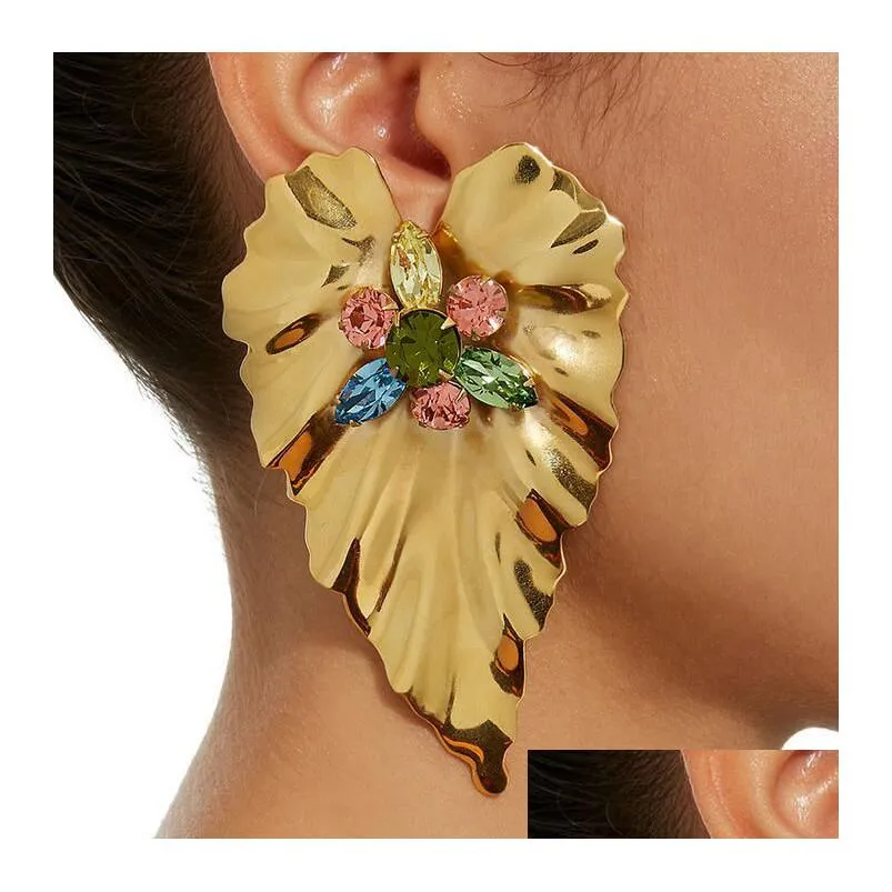 gold love heart leaf studs colorful ab red rhinestone bohemian leaves shape women dangle earrings street party jewelry gifts
