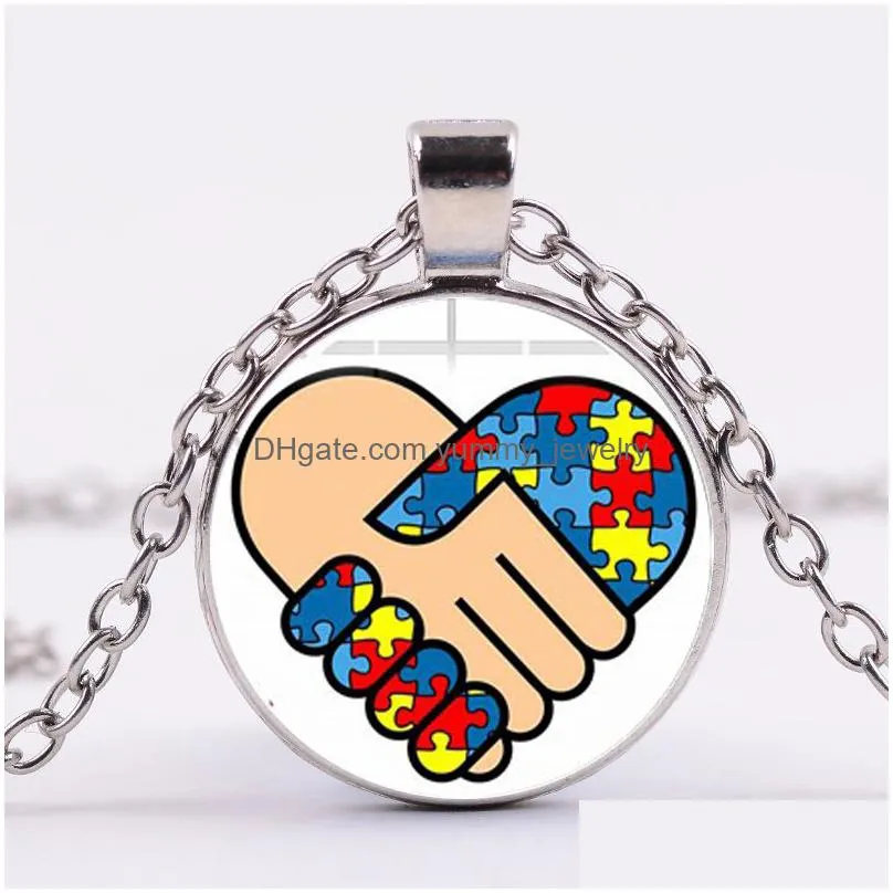 fun puzzle piece autism awareness necklace mix color jigsaw puzzle ribbon pendant support love jewelry friend family gift