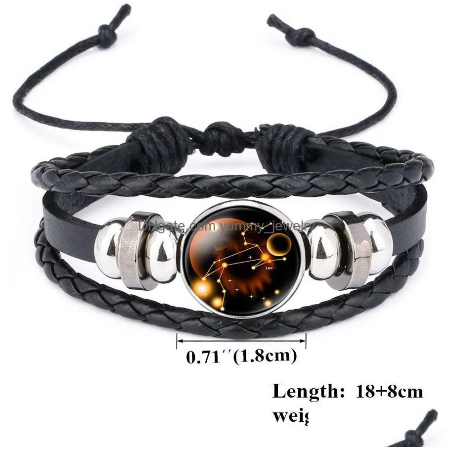 12 zodiac glow in the dark sign bracelets for women men constellation snap button charm leather rope bangle fashion jewelry