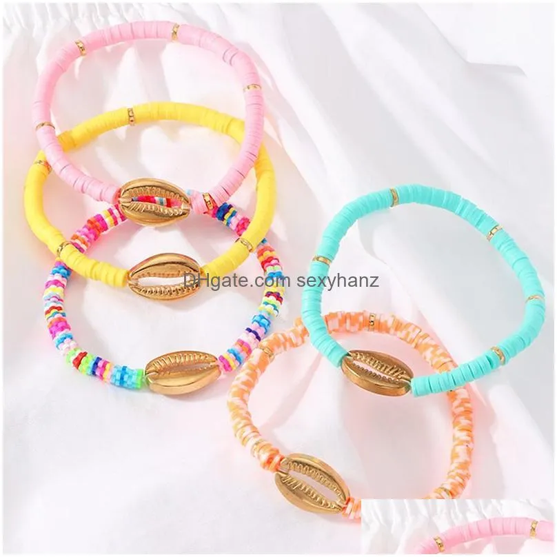 bohemian polymer clay handmade beaded strands circle 6mm women soft ankle bracelet shell tassel summer jewelry gift