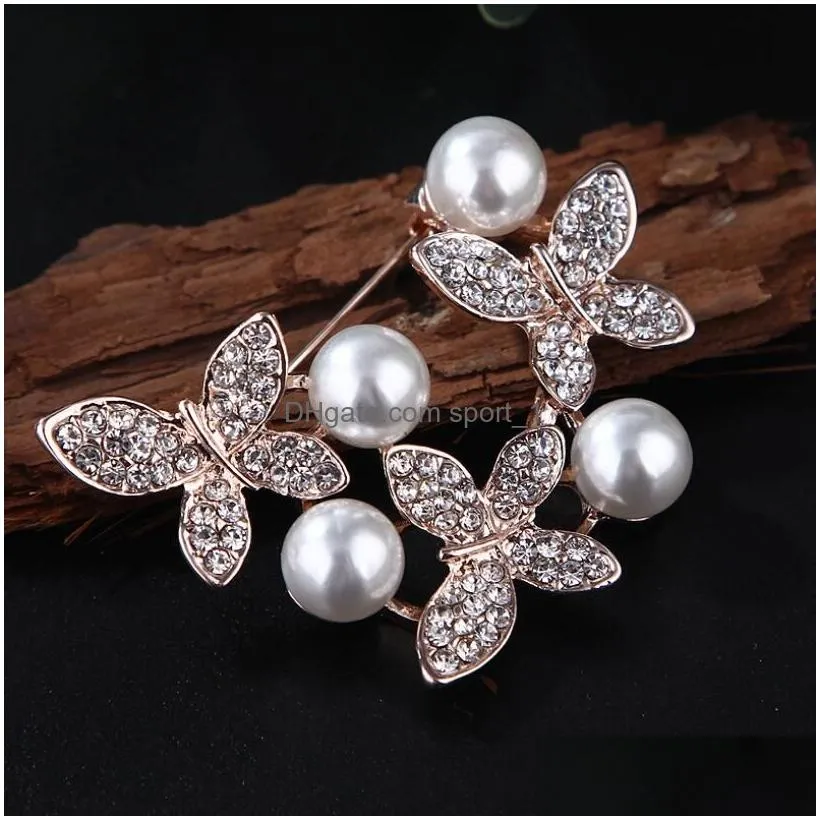 fashion jewelry vintage gold brooches pins austria crystals imitation pearl flower brooch wedding accessories