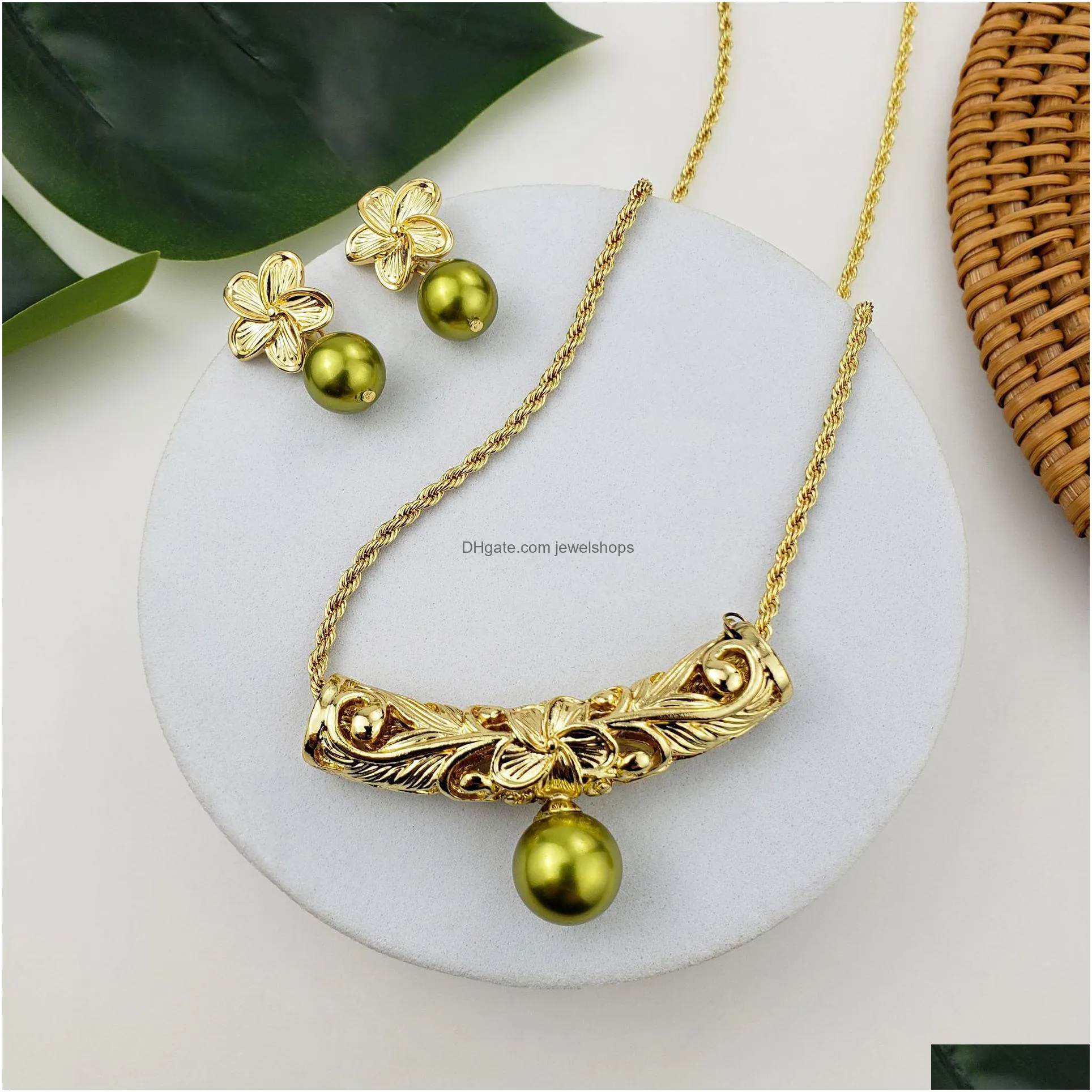 hawaiian hamilton gold hibiscus plumeria flower necklace with chain shell pearl earrings polynesian barrel floral jewelry sets for women