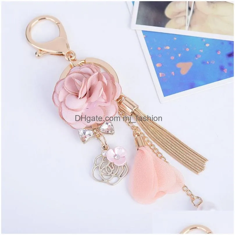 cloth rose flower key ring chiffon tassel car fashion charm key chains lady couple bag keychain party gift