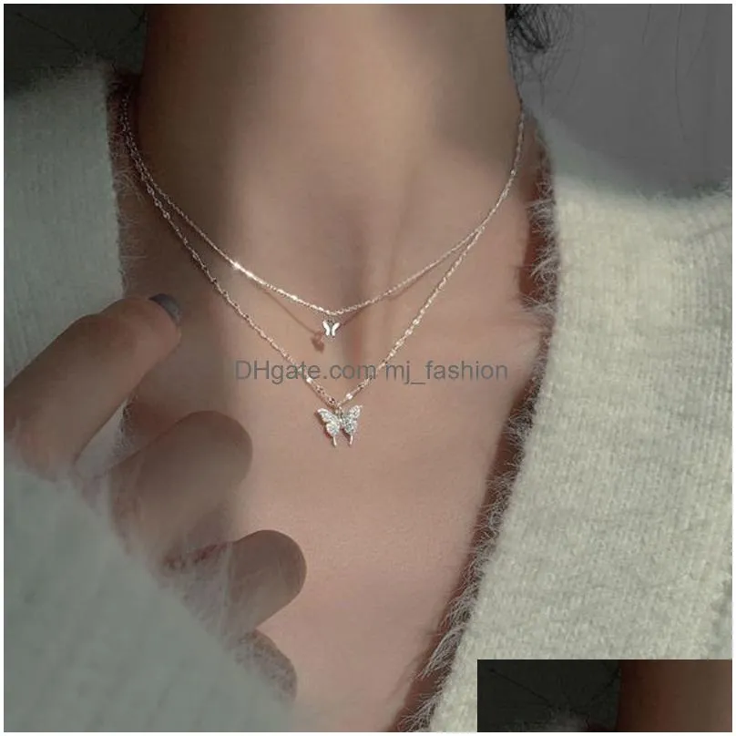 [PRIMAUTE] 韓国☆BUTTERFLY LAYERED NECKLACE 2 COLORS Layered Butterfly Pendant Necklace, Gold Silver