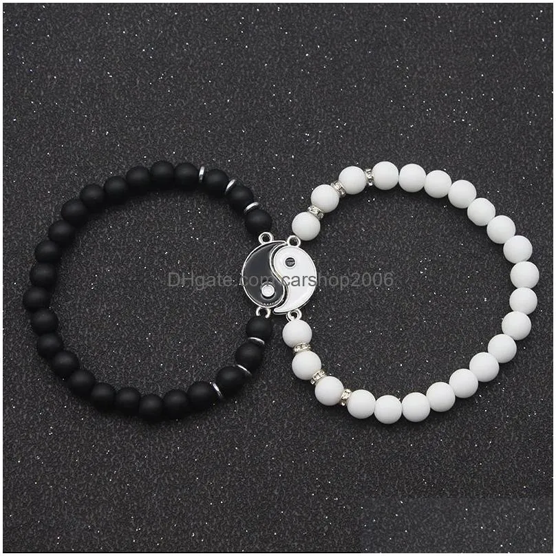 couples lovers beaded bracelets white and black beads strands women men taiji ying yang charm bracelet friendship jewelry male female