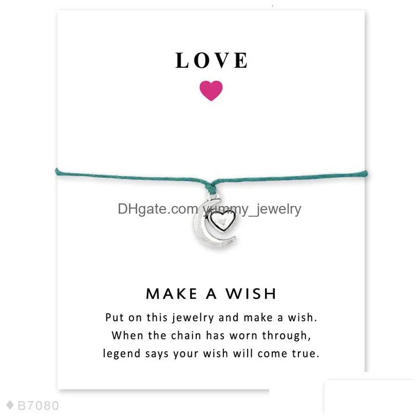star moon heart love antique silver charm card bracelets blue pink wax cords women men girl boy fashion handmade jewelry gift