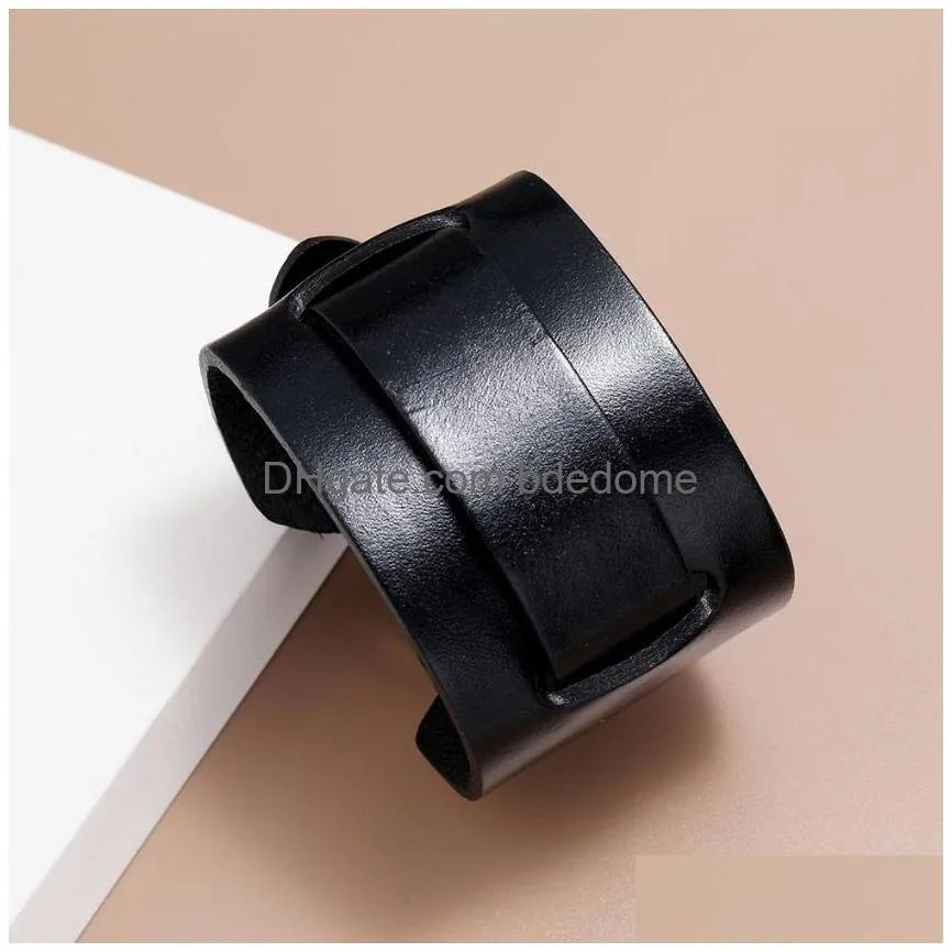 wide leather bangle cuff adjustable pin buckle bracelet wristand for men women fashion jewelry black