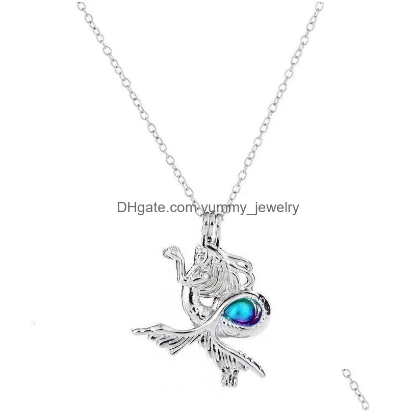 colorful pearl cage pendant necklaces lizard mermaid dragonfly owl octopus cylinder arch bridge animal charm for women fashion jewelry