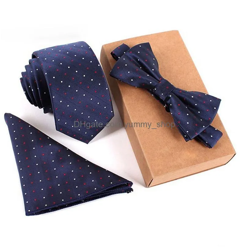 vintage polyester yarn men tie set jacquard woven necktie bowtie suit red blue for groom business wedding party