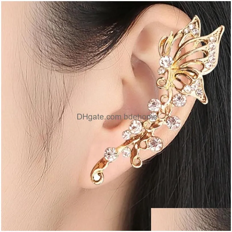 bohemian no piercing crystal rhinestone butterfly ear cuff wrap stud clip earrings for women girl trendy earrings jewelry 1 piece