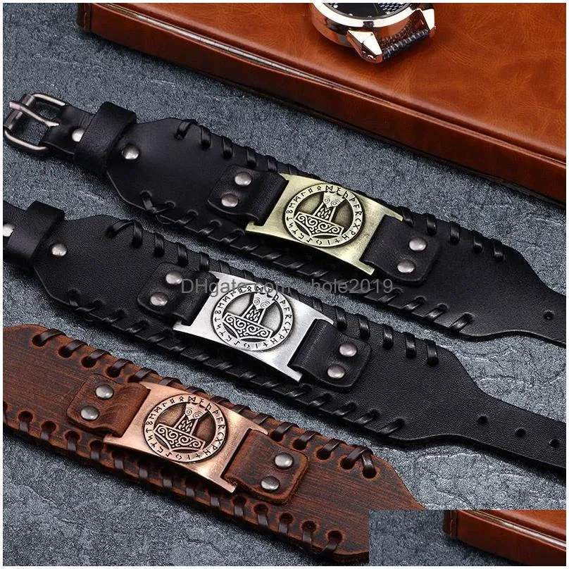 design fashion id bracelet men tree of life alloy handmade weave wide pu leather wristband adjustable bangle punk jewelry
