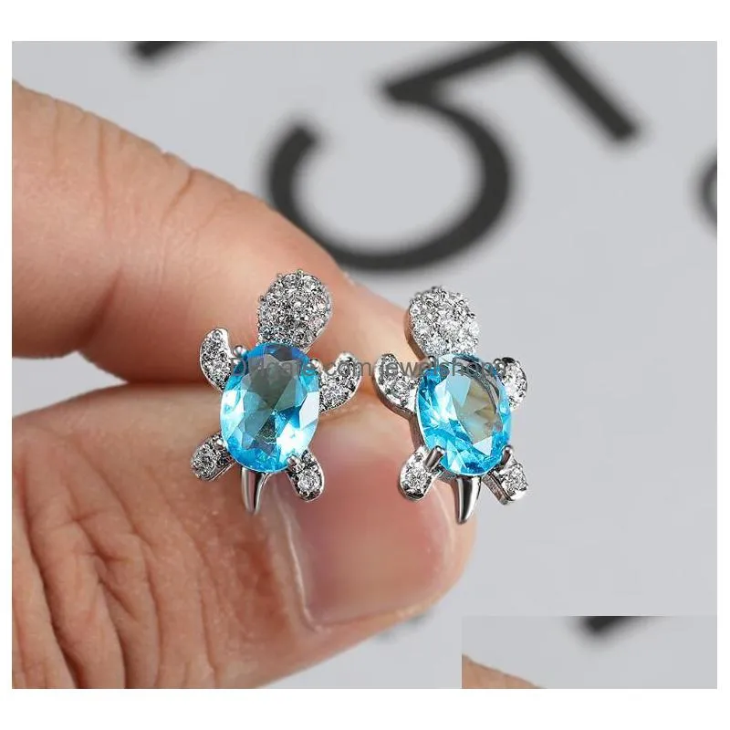 cute design white gold plated colorful gemstone stud earring copper turtle animal earrings for women gift 16 colors