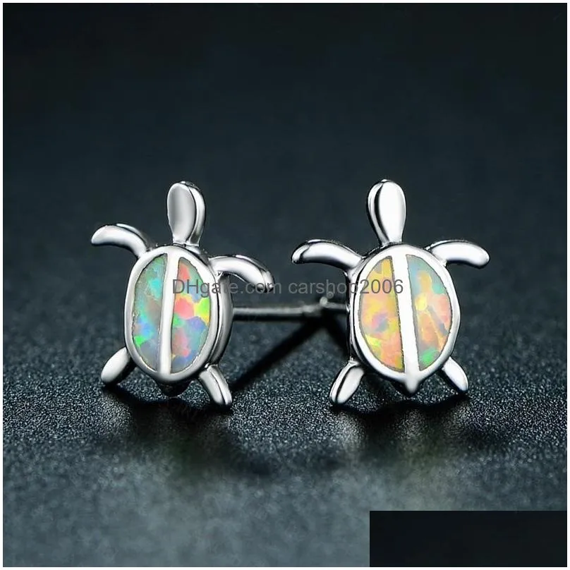 cute sea turtle stud creative lovely animal imitation fire opal ear earring for women girl trendy jewelry gift