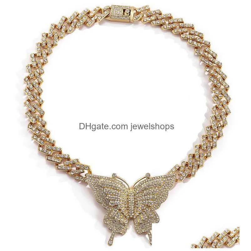 butterfly necklaces bling iced out cuban link chains gold silver crystal rhinestone animal pendant hip hop necklace girls party jewelry