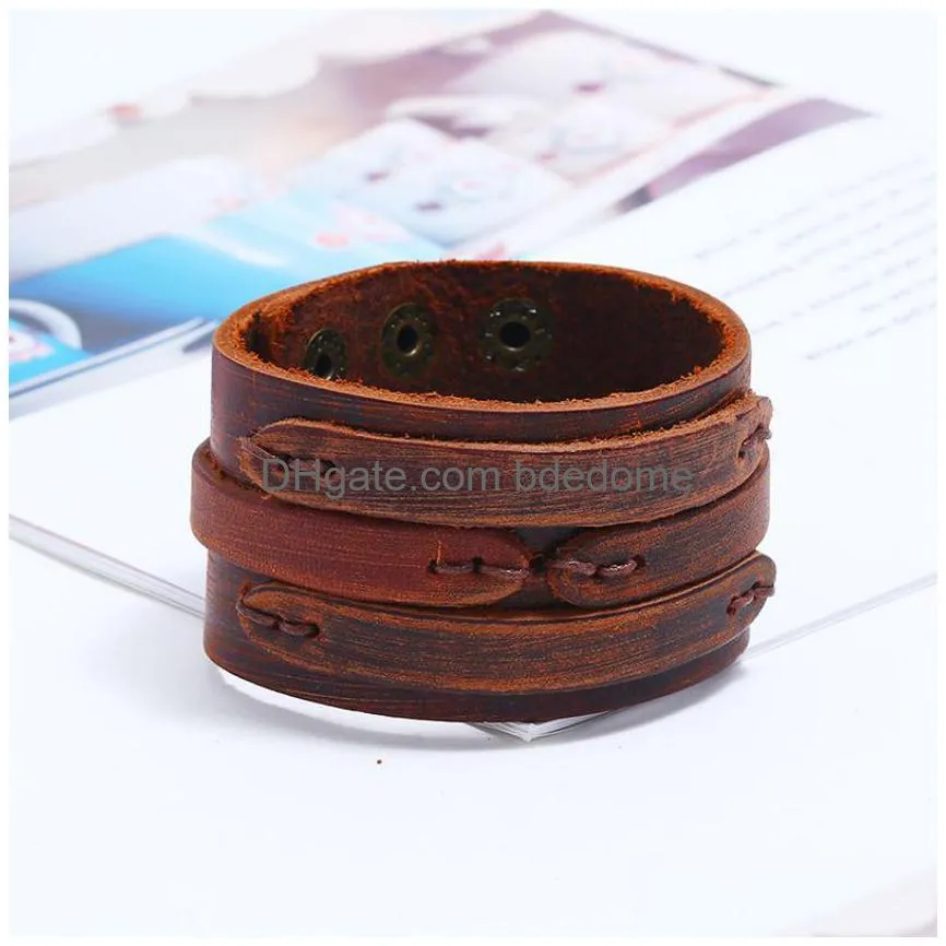 motorcycle wide leather bangle cuff multilayer wrap button adjustable bracelet wristand for men women fashion jewelry