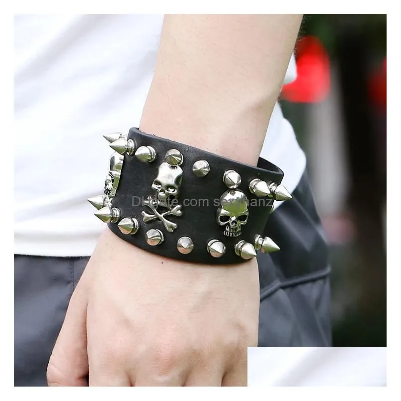 punk unique rock spikes rivet gothic skeleton charm bracelets skull biker wide cuff leather bangle gift