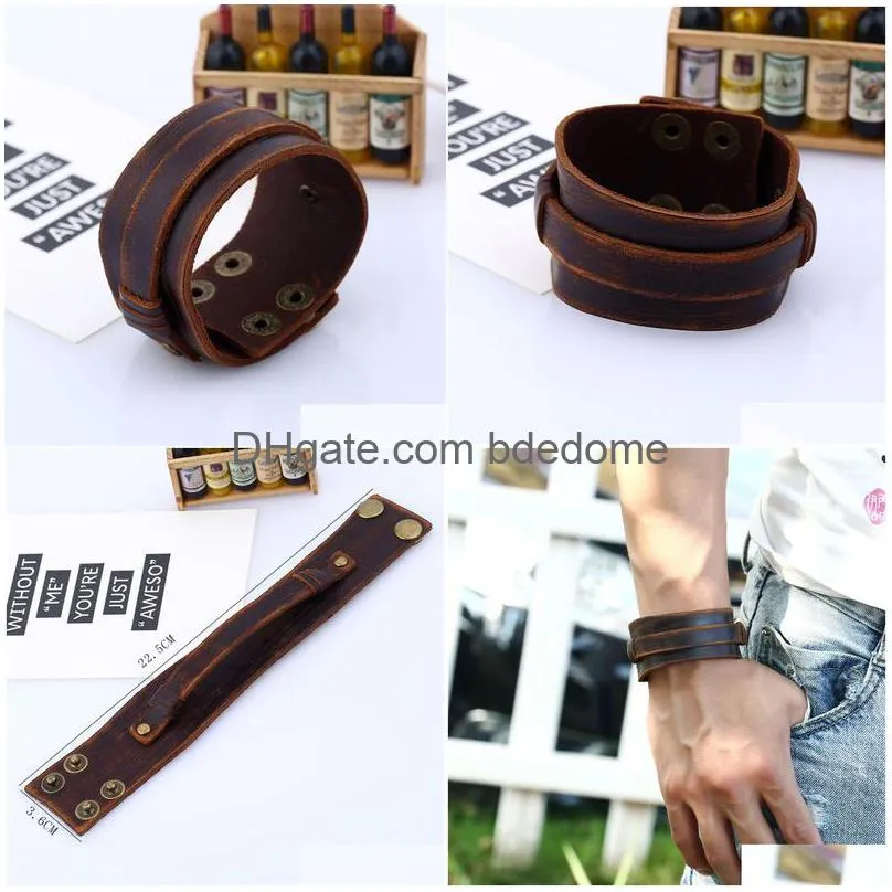 old way wide drawing leather bangle cuff multilayer wrap button adjustable bracelet wristand for men women fashion jewelry