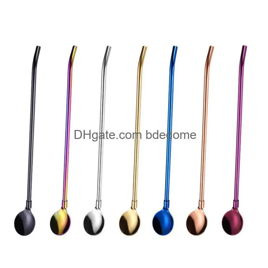 gold rainbow 2in1 stainless steel straw spoon metal home kitchen dining flatware mug spoons cutlery bar tool