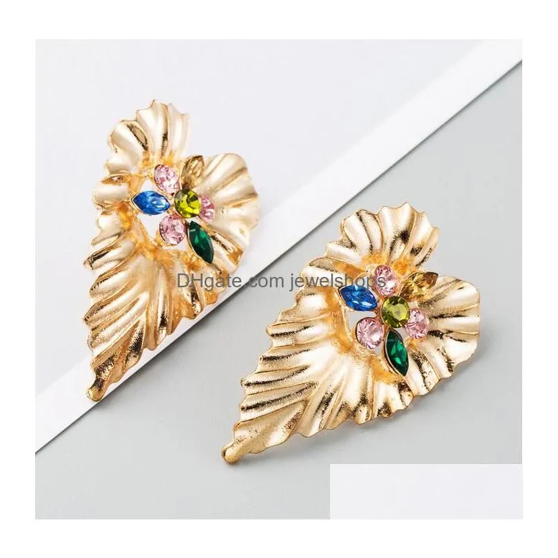 gold love heart leaf studs colorful ab red rhinestone bohemian leaves shape women dangle earrings street party jewelry gifts