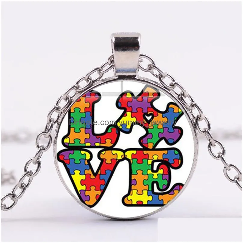 fun puzzle piece autism awareness necklace mix color jigsaw puzzle ribbon pendant support love jewelry friend family gift