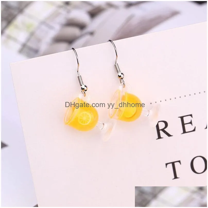 fashion summer sweet fruit milk tea drink bottle pendant charm earrings glass strawberry lemon cup candy women jewelry gift