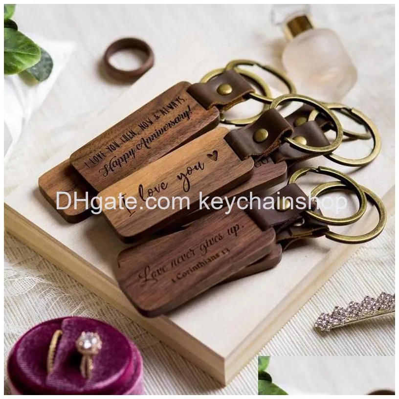 diy wooden designer keychains for men women crafts square round wood chips pu leather keychain wholesale