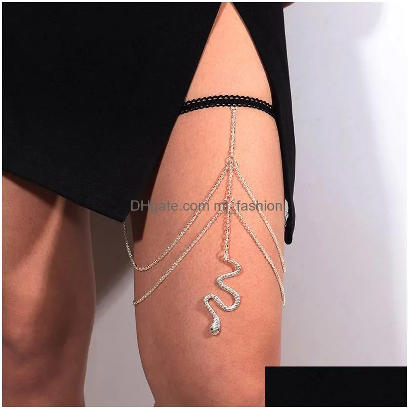 boho body jewelry rhinestone leg chain shiny women big snake pendant y chains thigh harness multi layers beach style gift