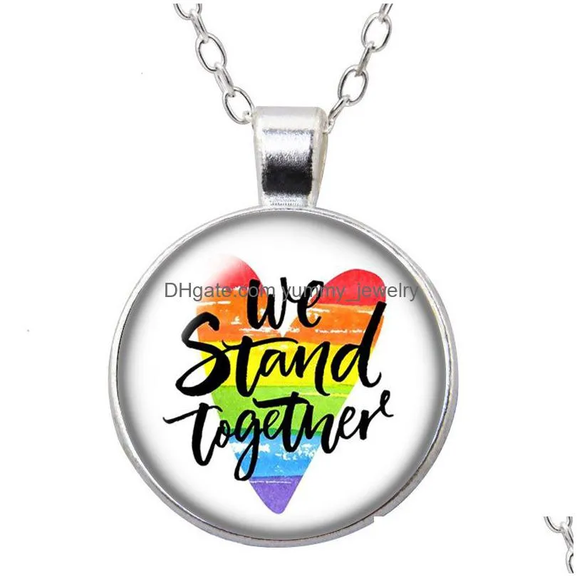 love is love lgbt rainbow flag round pendant necklace 25mm glass cabochon silver color jewelry women party birthday gift 50cm