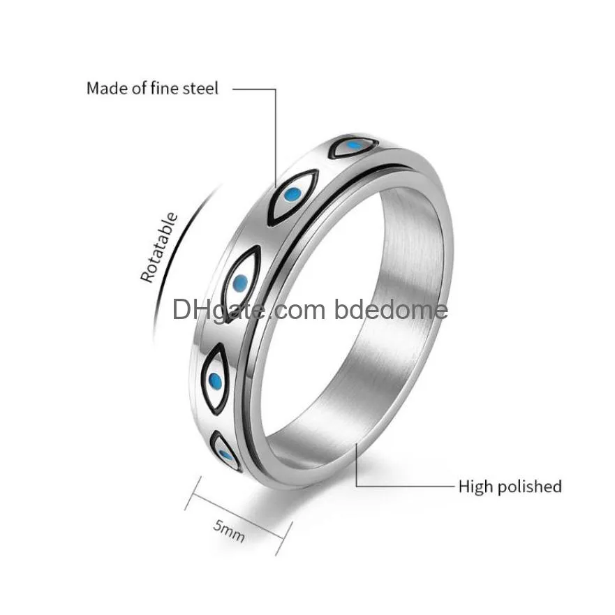 rotatable stainless steel blue eye rings band relief anxiety eye of god rings for men women wedding bands fashion jewelry